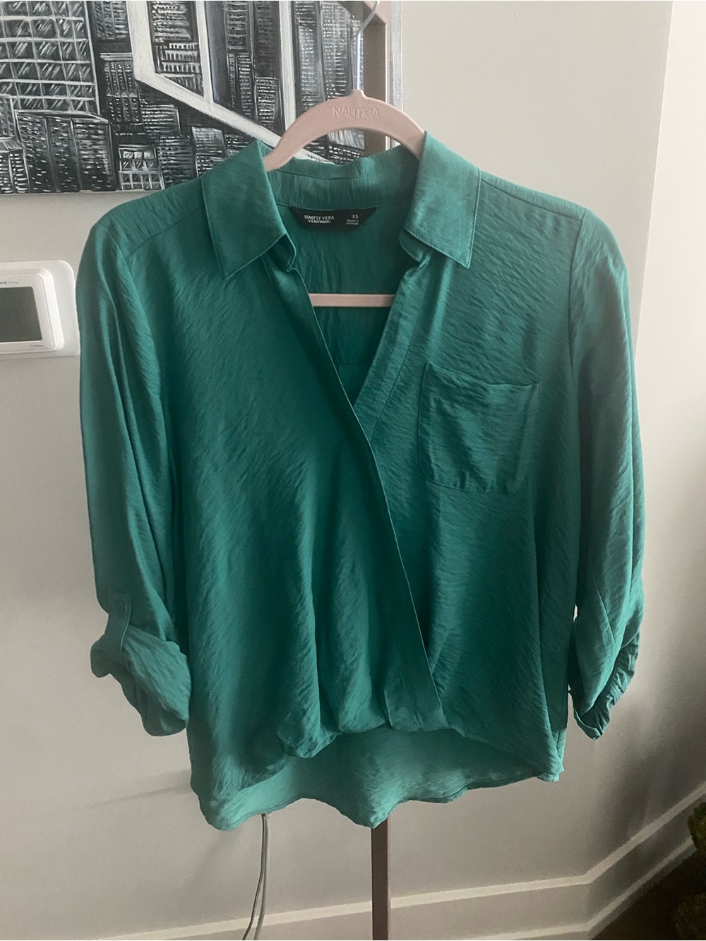 NWOT Simply Vera Wang  Green Draped V-Neck Blouse with rolled sleeves XS